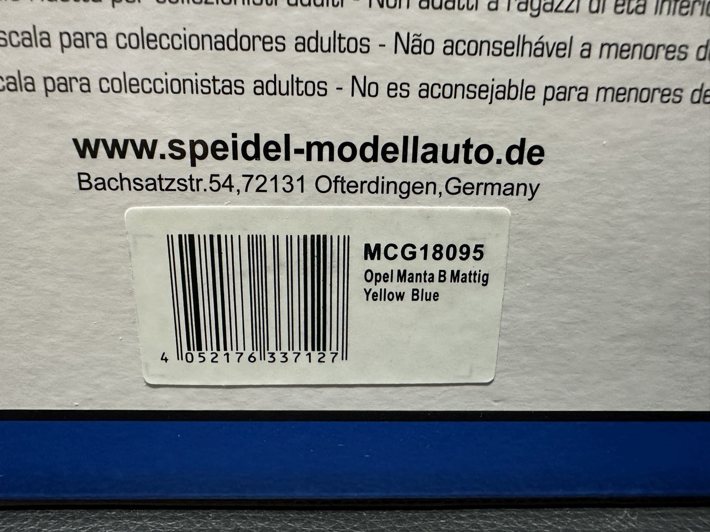 Opel Manta B Mattig yellow/blue 1:18 Modelcar MCG 18095 Опел Манта Б жълто/син